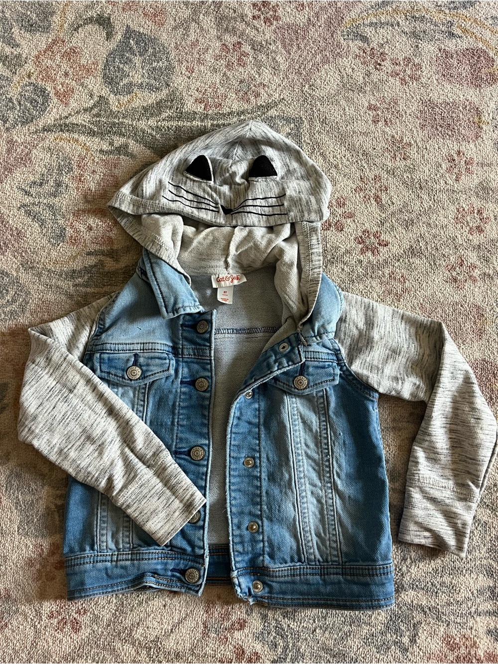 Cat & Jack Light Blue Denim Jacket with Heather Gray Hood and Sleeves